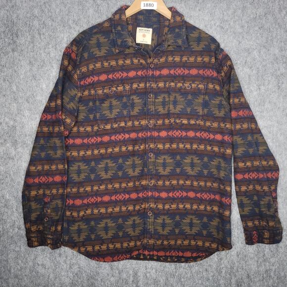 Ruff Hewn Mens Button Up Shirt Size Large 100 Cotton Aztec Print Brown Blue - Picture 1 of 9